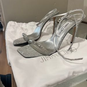 Jimmy Choo Jaxon fine glitter sandal, silver size 38 (fits 7.5)